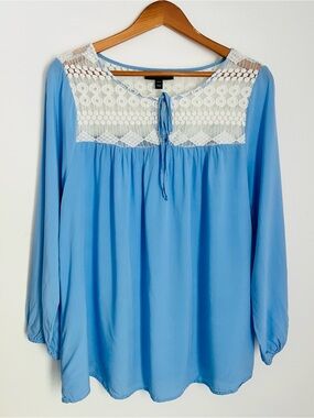 Lane Bryant Sky Blue Lace Yoke Peasant Top